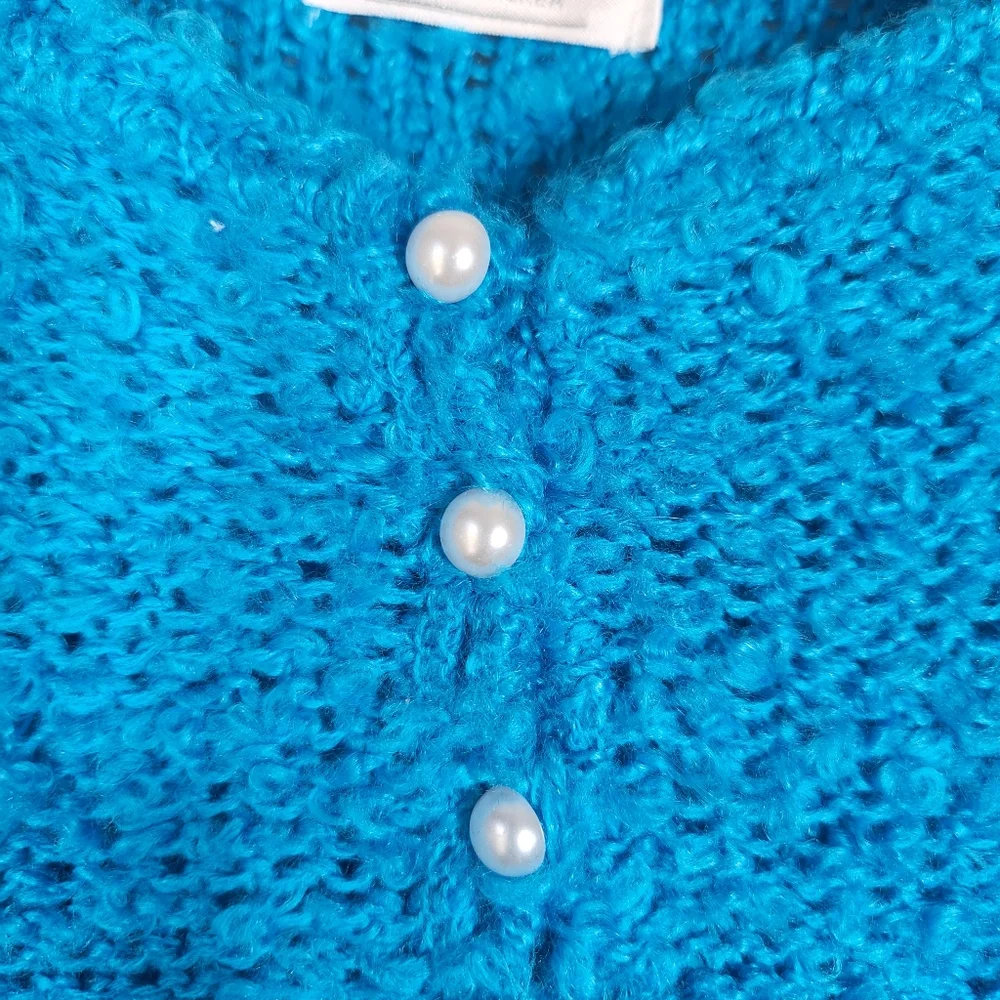 Margules Vintage Blue Sweater Size Medium Short Puffy Sleeves 3 Button - Picture 3 of 5